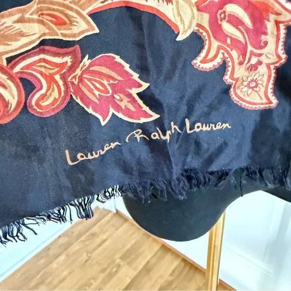 Lauren Ralph Lauren Silk Scarf Navy Paisley Fringe Boho Equestrian Wrap - Picture 3 of 4